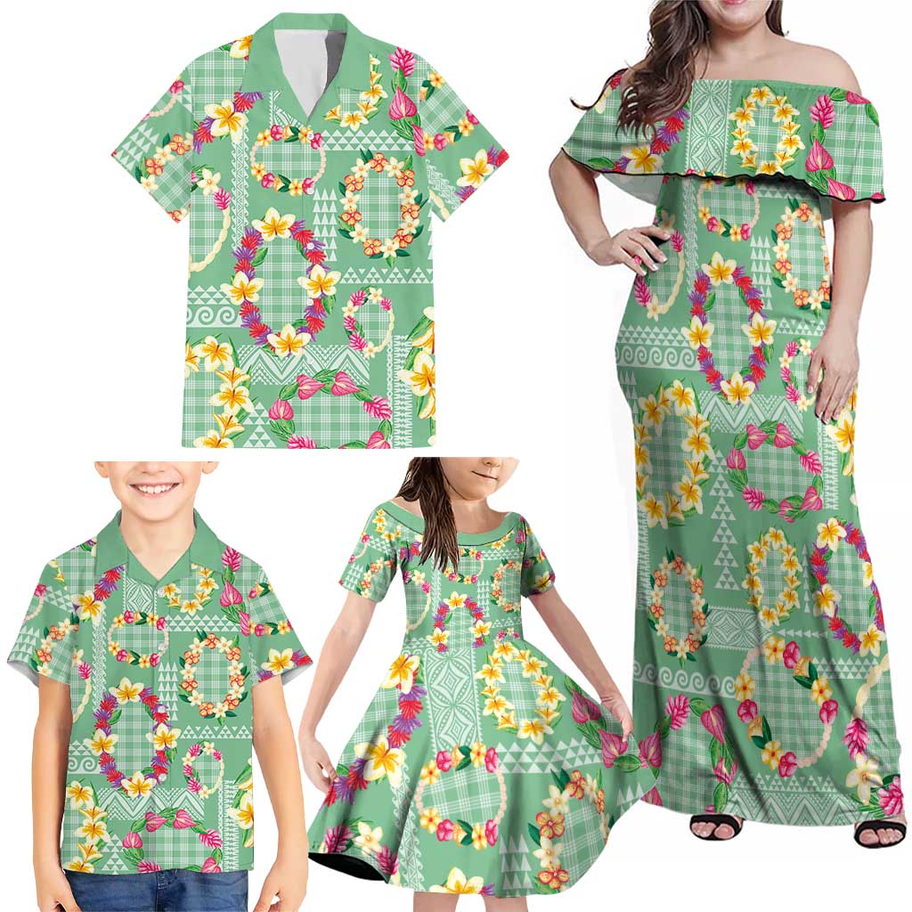 Hawaiian Leis Family Matching Off Shoulder Maxi Dress and Hawaiian Shirt Kakau Tattoos and Palaka Pastel Green Color