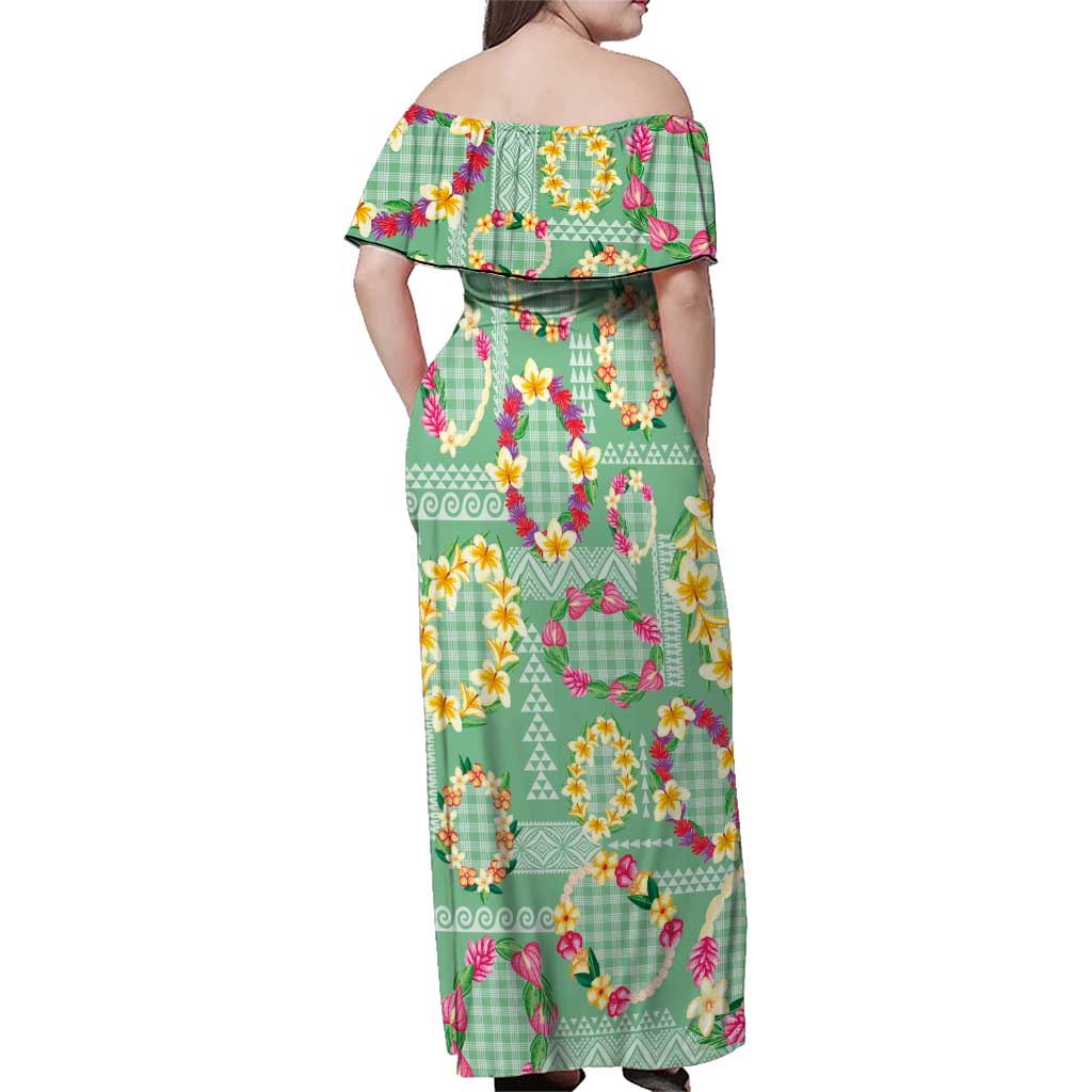 Hawaiian Leis Family Matching Off Shoulder Maxi Dress and Hawaiian Shirt Kakau Tattoos and Palaka Pastel Green Color