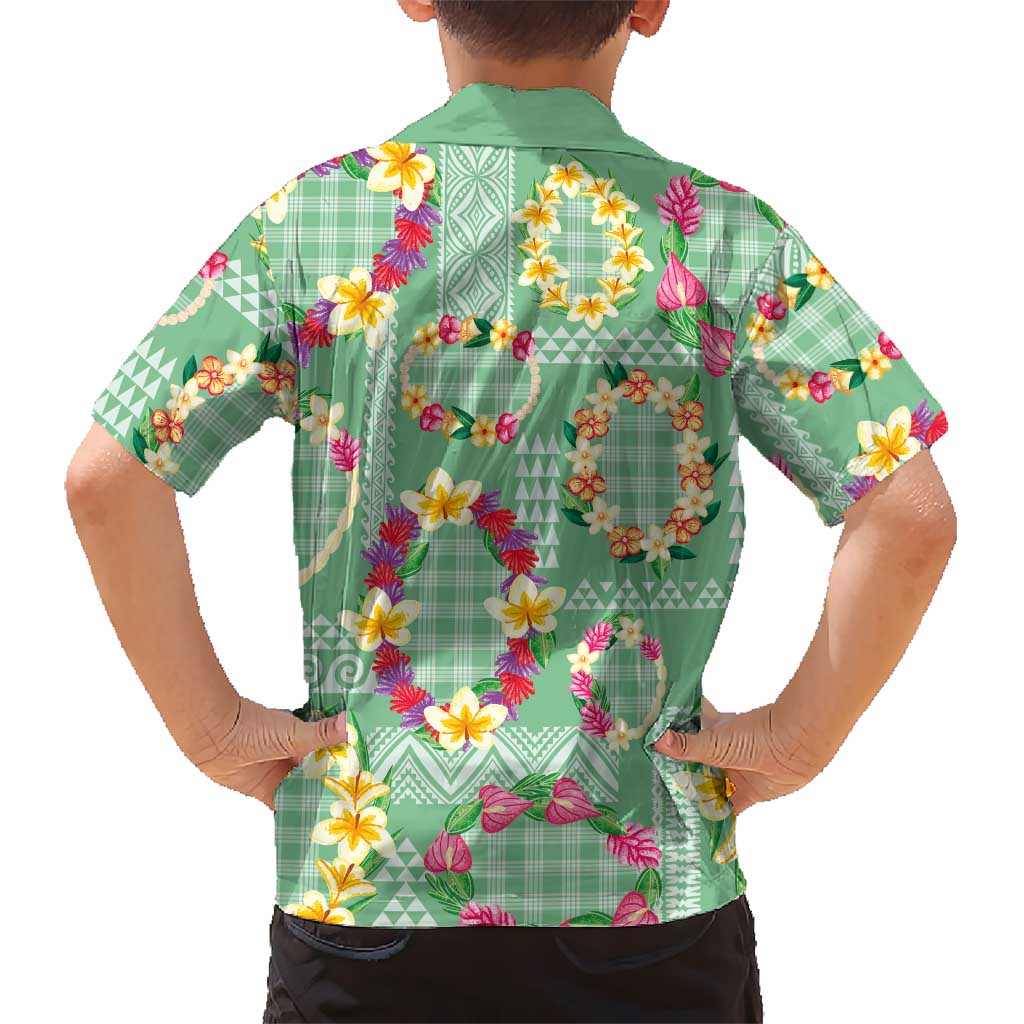 Hawaiian Leis Family Matching Off Shoulder Short Dress and Hawaiian Shirt Kakau Tattoos and Palaka Pastel Green Color