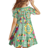 Hawaiian Leis Family Matching Off Shoulder Short Dress and Hawaiian Shirt Kakau Tattoos and Palaka Pastel Green Color