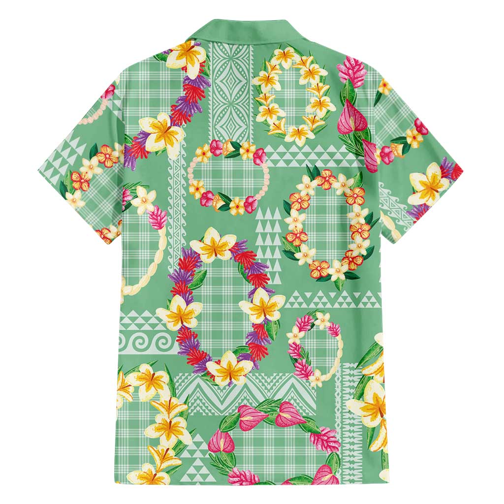 Hawaiian Leis Family Matching Off Shoulder Short Dress and Hawaiian Shirt Kakau Tattoos and Palaka Pastel Green Color