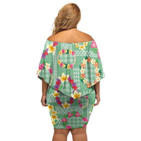 Hawaiian Leis Family Matching Off Shoulder Short Dress and Hawaiian Shirt Kakau Tattoos and Palaka Pastel Green Color