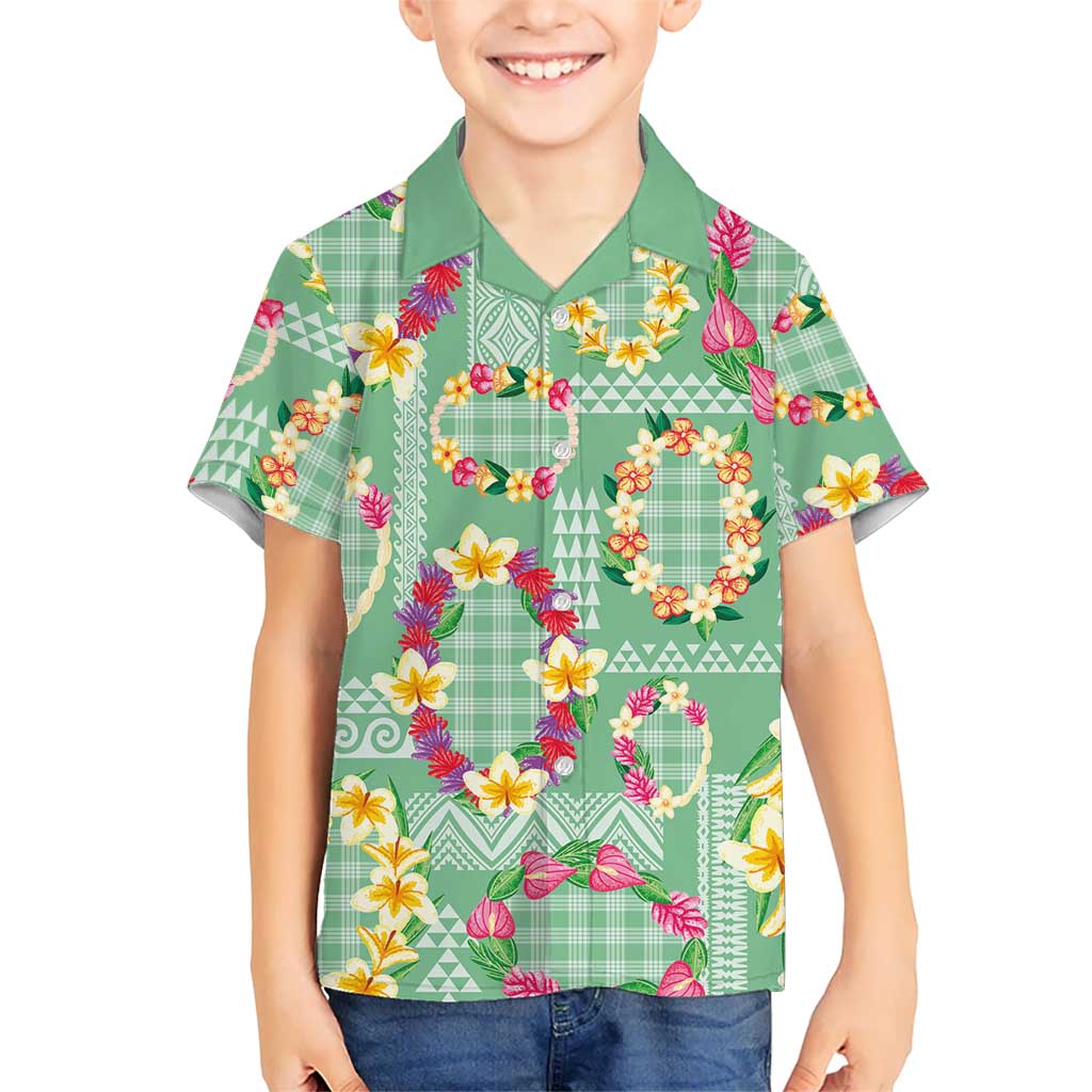 Hawaiian Leis Family Matching Off Shoulder Short Dress and Hawaiian Shirt Kakau Tattoos and Palaka Pastel Green Color