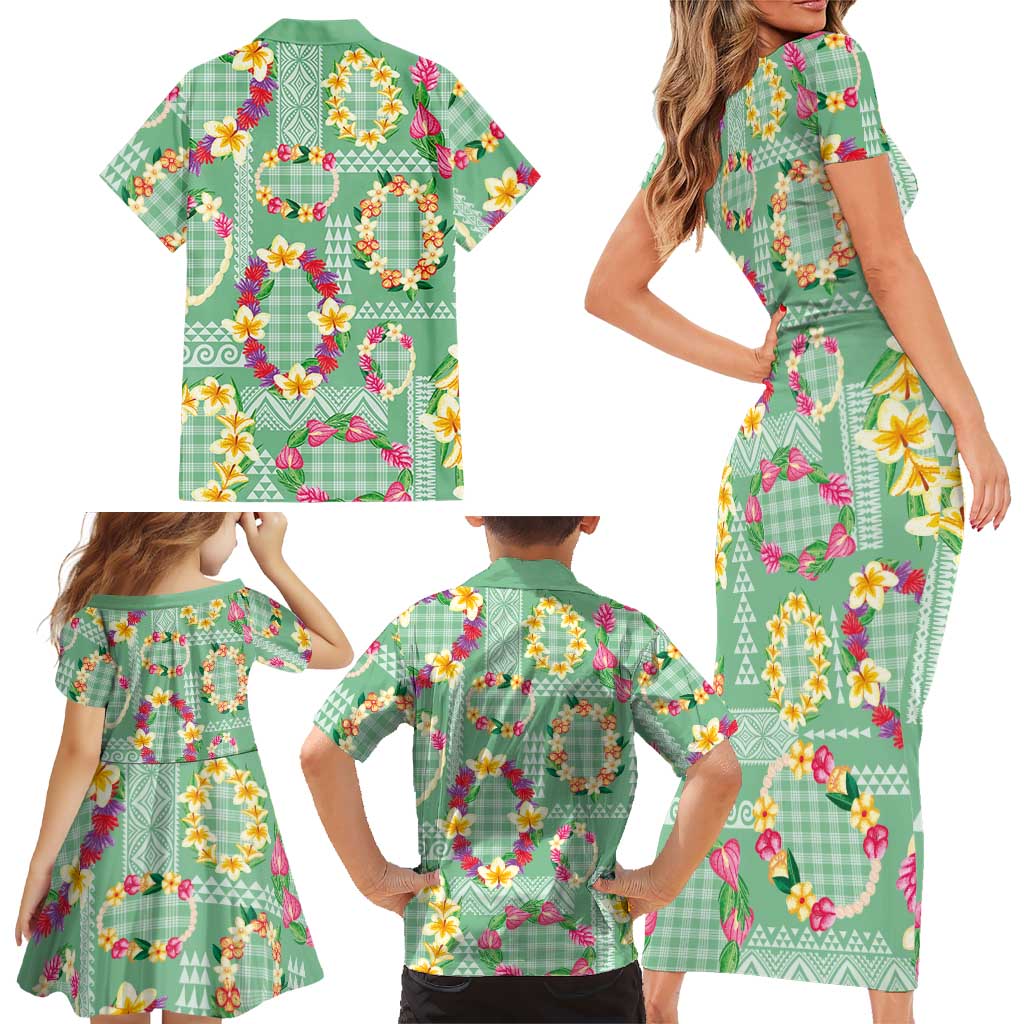 Hawaiian Leis Family Matching Short Sleeve Bodycon Dress and Hawaiian Shirt Kakau Tattoos and Palaka Pastel Green Color