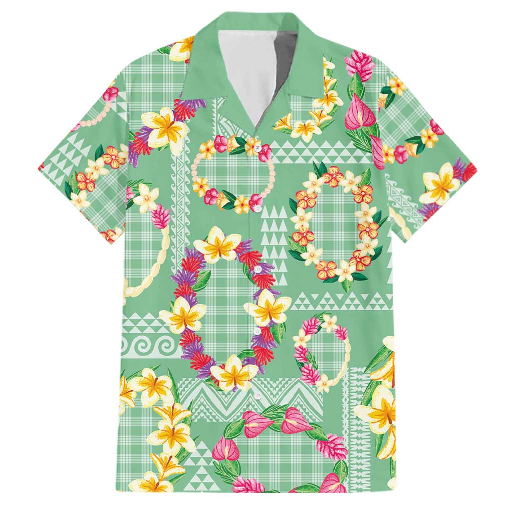 Hawaiian Leis Family Matching Short Sleeve Bodycon Dress and Hawaiian Shirt Kakau Tattoos and Palaka Pastel Green Color