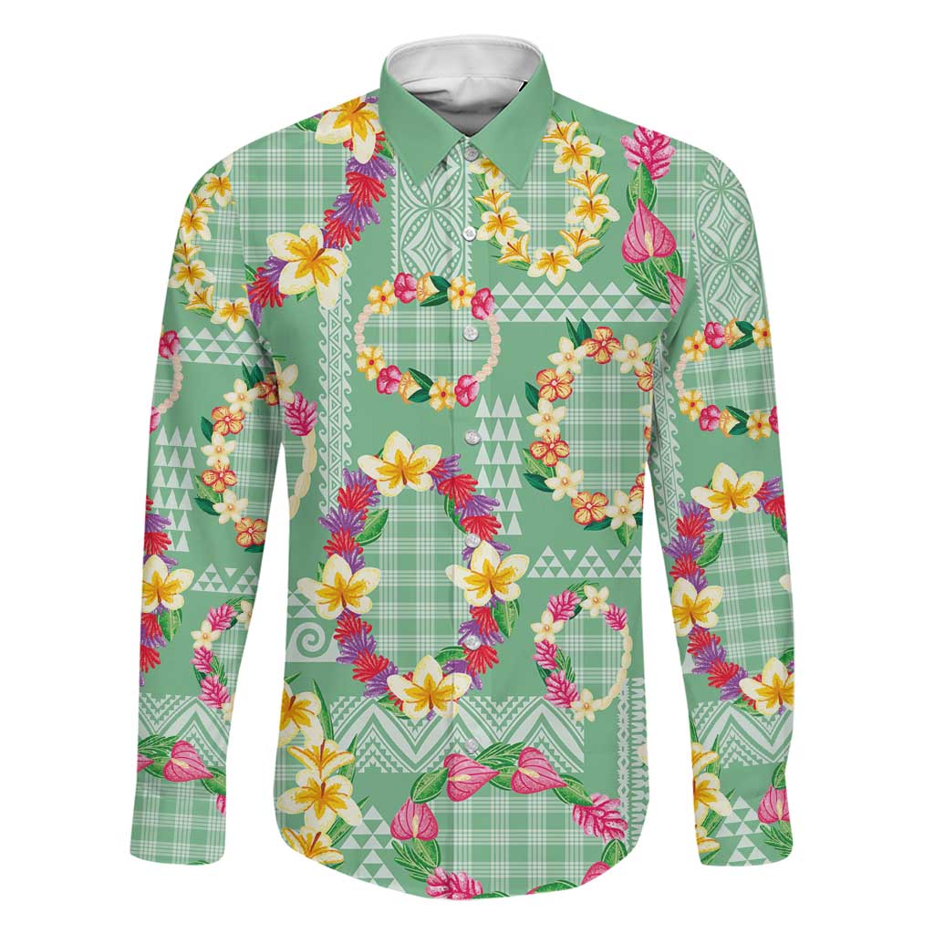 Hawaiian Leis Family Matching Short Sleeve Bodycon Dress and Hawaiian Shirt Kakau Tattoos and Palaka Pastel Green Color