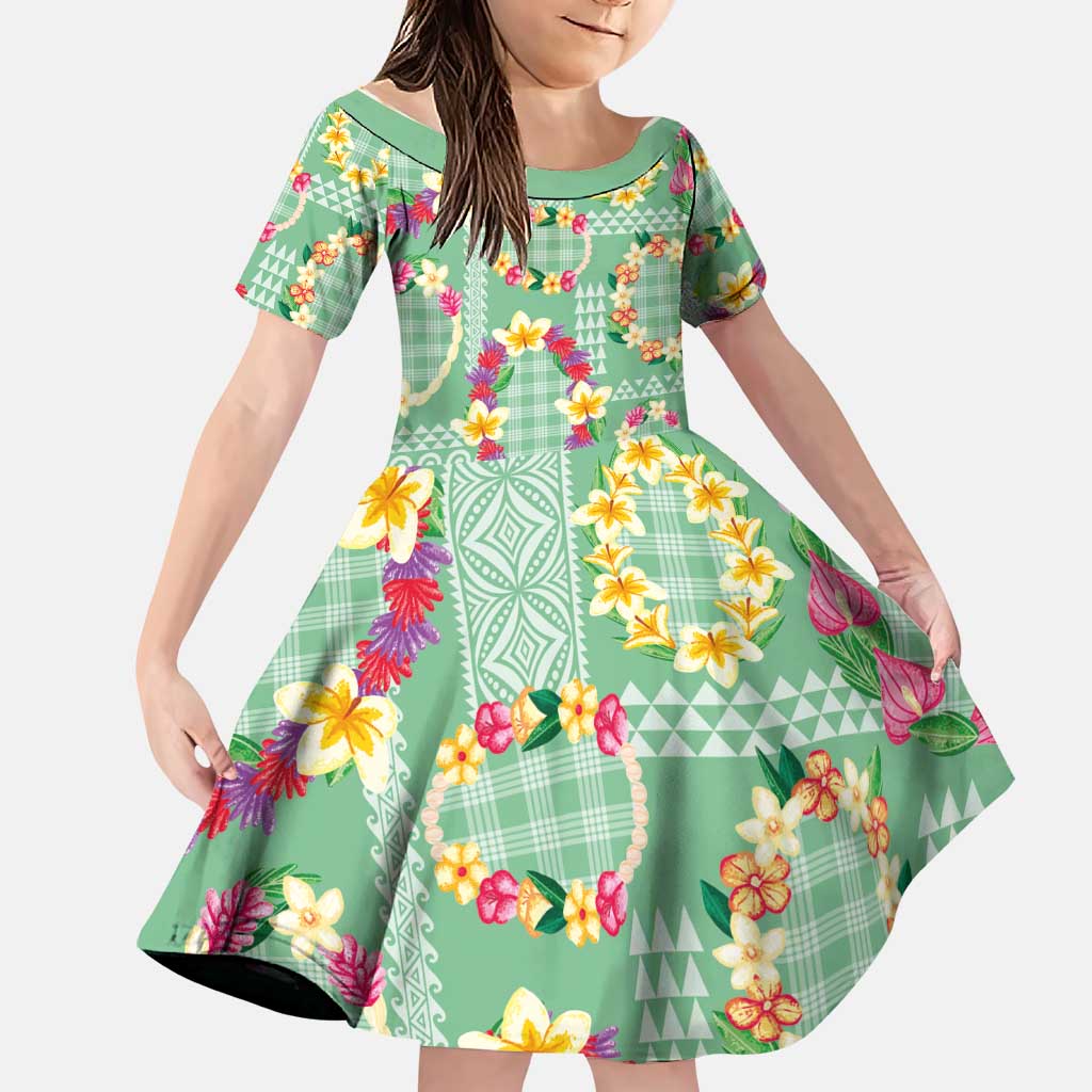 Hawaiian Leis Family Matching Summer Maxi Dress and Hawaiian Shirt Kakau Tattoos and Palaka Pastel Green Color