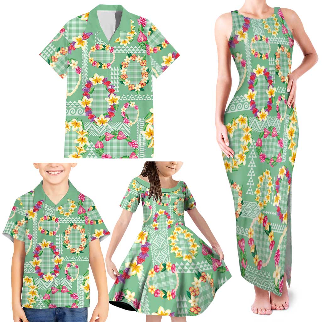 Hawaiian Leis Family Matching Tank Maxi Dress and Hawaiian Shirt Kakau Tattoos and Palaka Pastel Green Color LT03 - Polynesian Pride