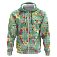 Hawaiian Leis Hoodie Kakau Tattoos and Palaka Pastel Green Color LT03 Zip Hoodie Green - Polynesian Pride
