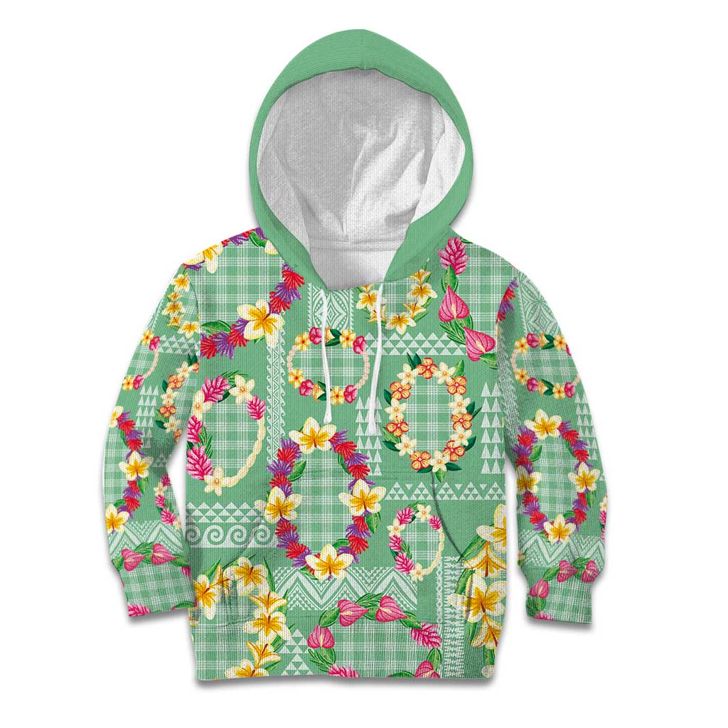 Hawaiian Leis Kid Hoodie Kakau Tattoos and Palaka Pastel Green Color LT03 Hoodie Green - Polynesian Pride
