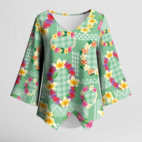 Hawaiian Leis Kimono Sleeve Blouse Kakau Tattoos and Palaka Pastel Green Color LT03 Female Green - Polynesian Pride