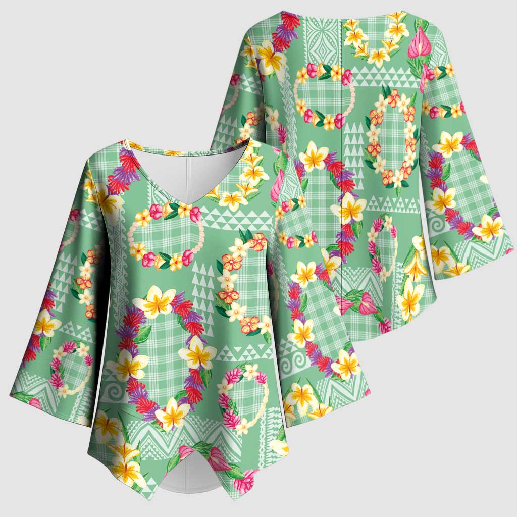 Hawaiian Leis Kimono Sleeve Blouse Kakau Tattoos and Palaka Pastel Green Color LT03 - Polynesian Pride