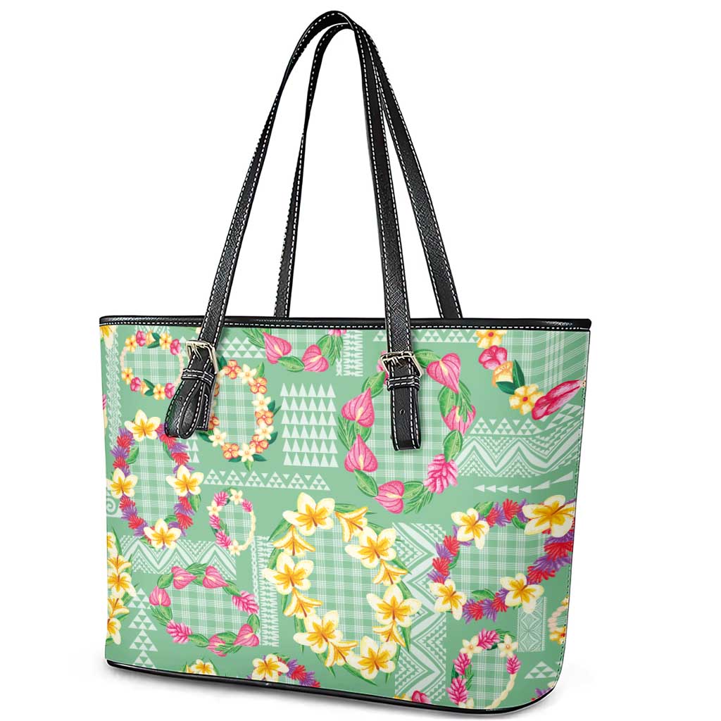 Hawaiian Leis Leather Tote Bag Kakau Tattoos and Palaka Pastel Green Color LT03 - Polynesian Pride