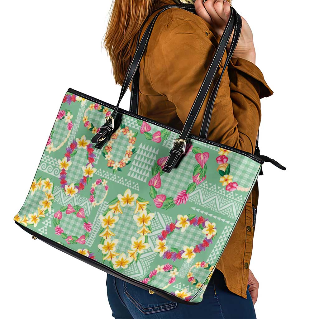 Hawaiian Leis Leather Tote Bag Kakau Tattoos and Palaka Pastel Green Color LT03 - Polynesian Pride