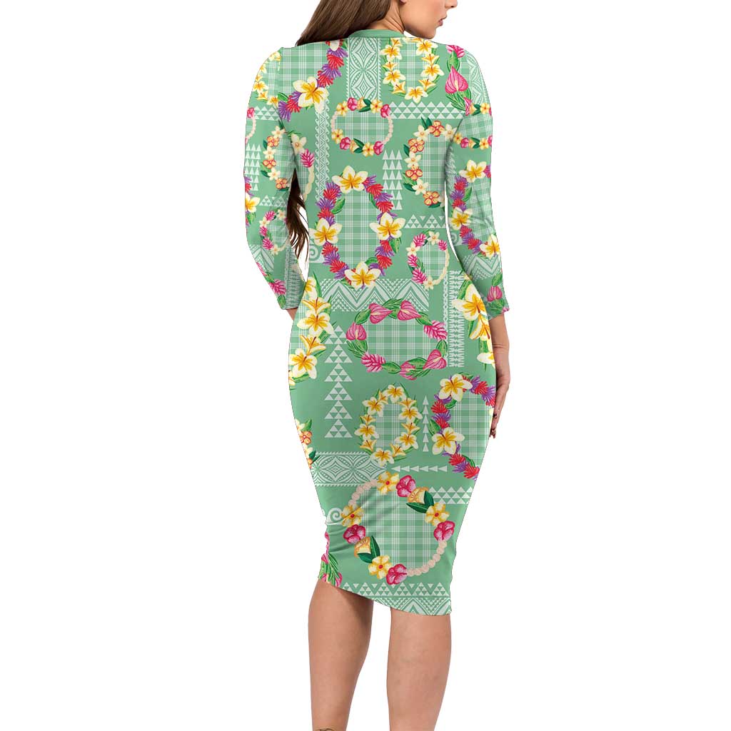 Hawaiian Leis Long Sleeve Bodycon Dress Kakau Tattoos and Palaka Pastel Green Color