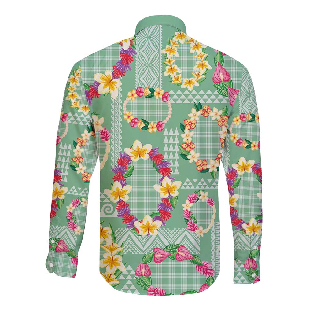 Hawaiian Leis Long Sleeve Button Shirt Kakau Tattoos and Palaka Pastel Green Color LT03 - Polynesian Pride