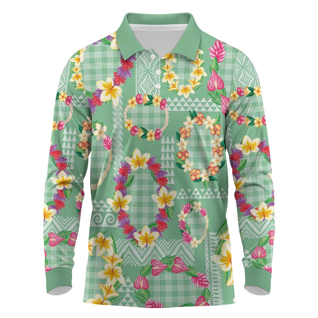 Hawaiian Leis Long Sleeve Polo Shirt Kakau Tattoos and Palaka Pastel Green Color LT03 Green - Polynesian Pride