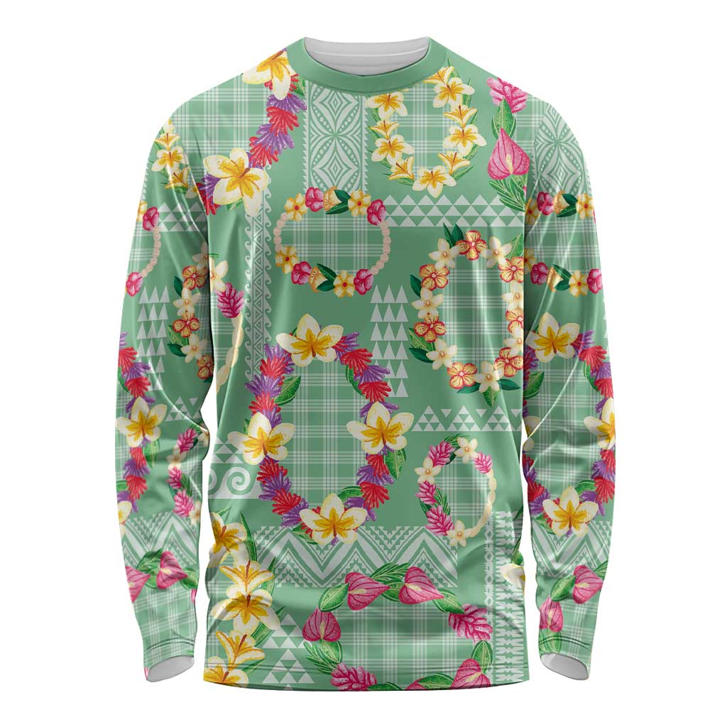 Hawaiian Leis Long Sleeve Shirt Kakau Tattoos and Palaka Pastel Green Color LT03 Unisex Green - Polynesian Pride
