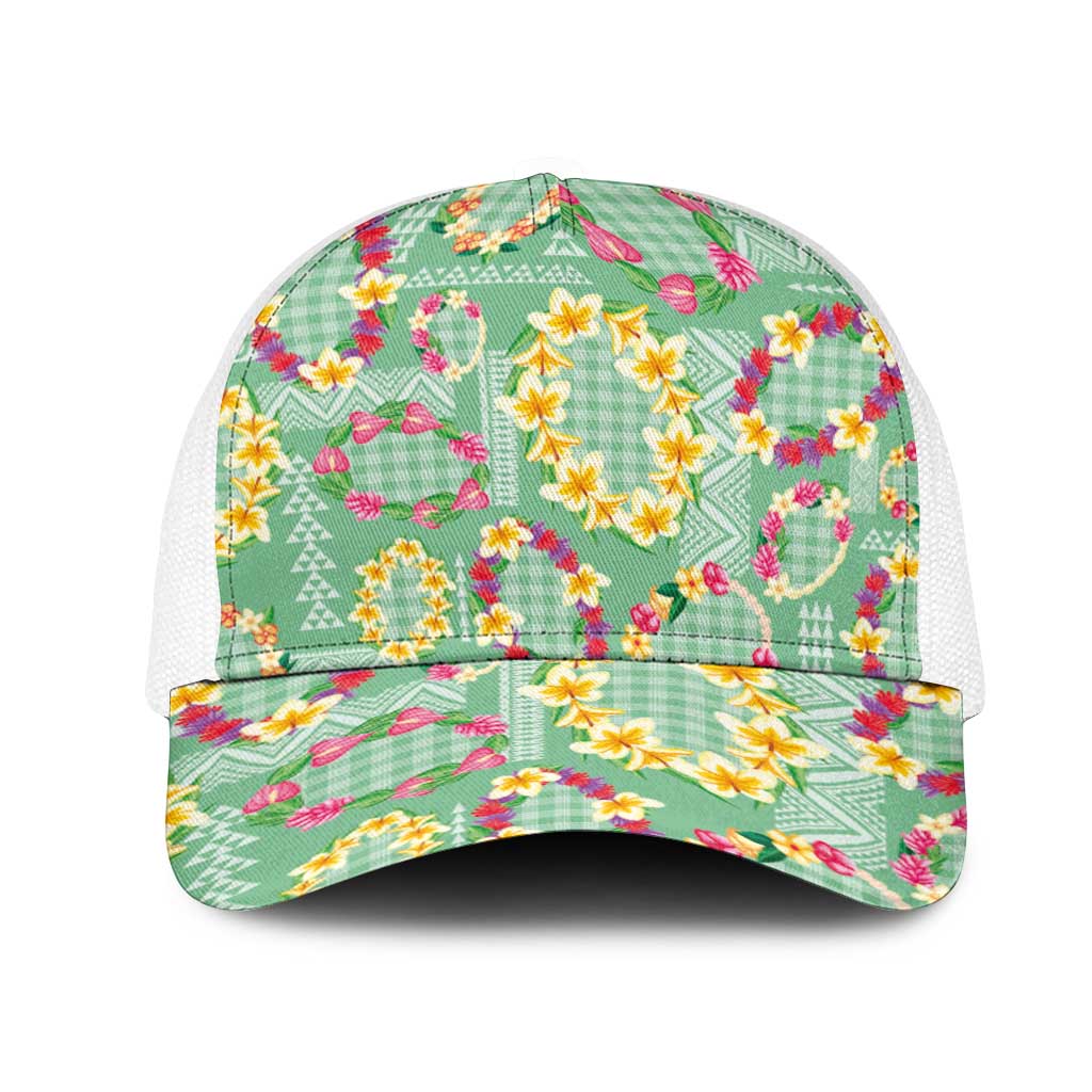 Hawaiian Leis Mesh Trucker Cap Kakau Tattoos and Palaka Pastel Green Color LT03 One Size White Green - Polynesian Pride