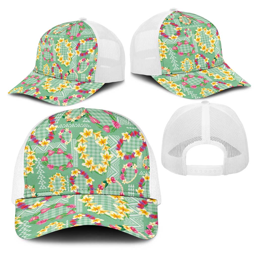 Hawaiian Leis Mesh Trucker Cap Kakau Tattoos and Palaka Pastel Green Color LT03 - Polynesian Pride