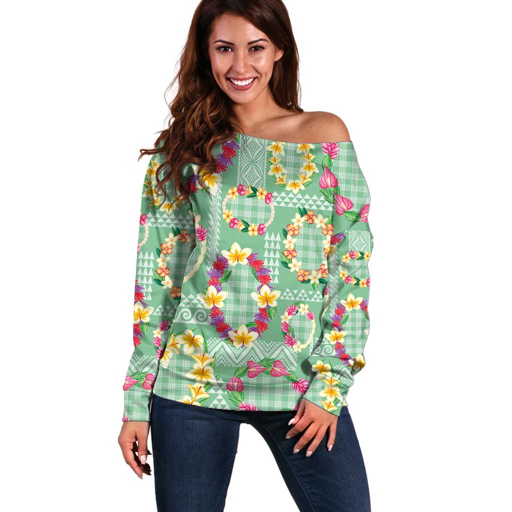 Hawaiian Leis Off Shoulder Sweater Kakau Tattoos and Palaka Pastel Green Color LT03 Women Green - Polynesian Pride