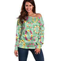 Hawaiian Leis Off Shoulder Sweater Kakau Tattoos and Palaka Pastel Green Color LT03 Women Green - Polynesian Pride