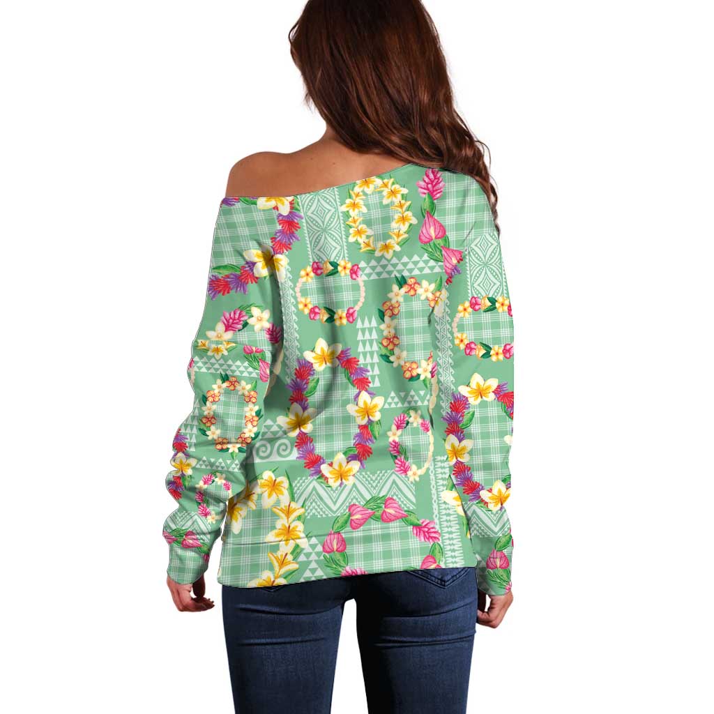 Hawaiian Leis Off Shoulder Sweater Kakau Tattoos and Palaka Pastel Green Color LT03 - Polynesian Pride