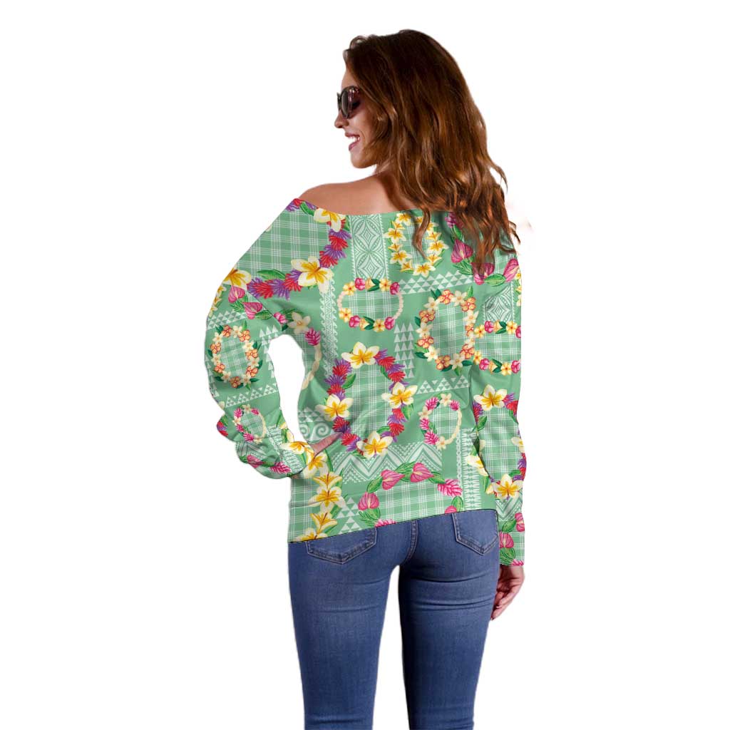 Hawaiian Leis Off Shoulder Sweater Kakau Tattoos and Palaka Pastel Green Color LT03 - Polynesian Pride