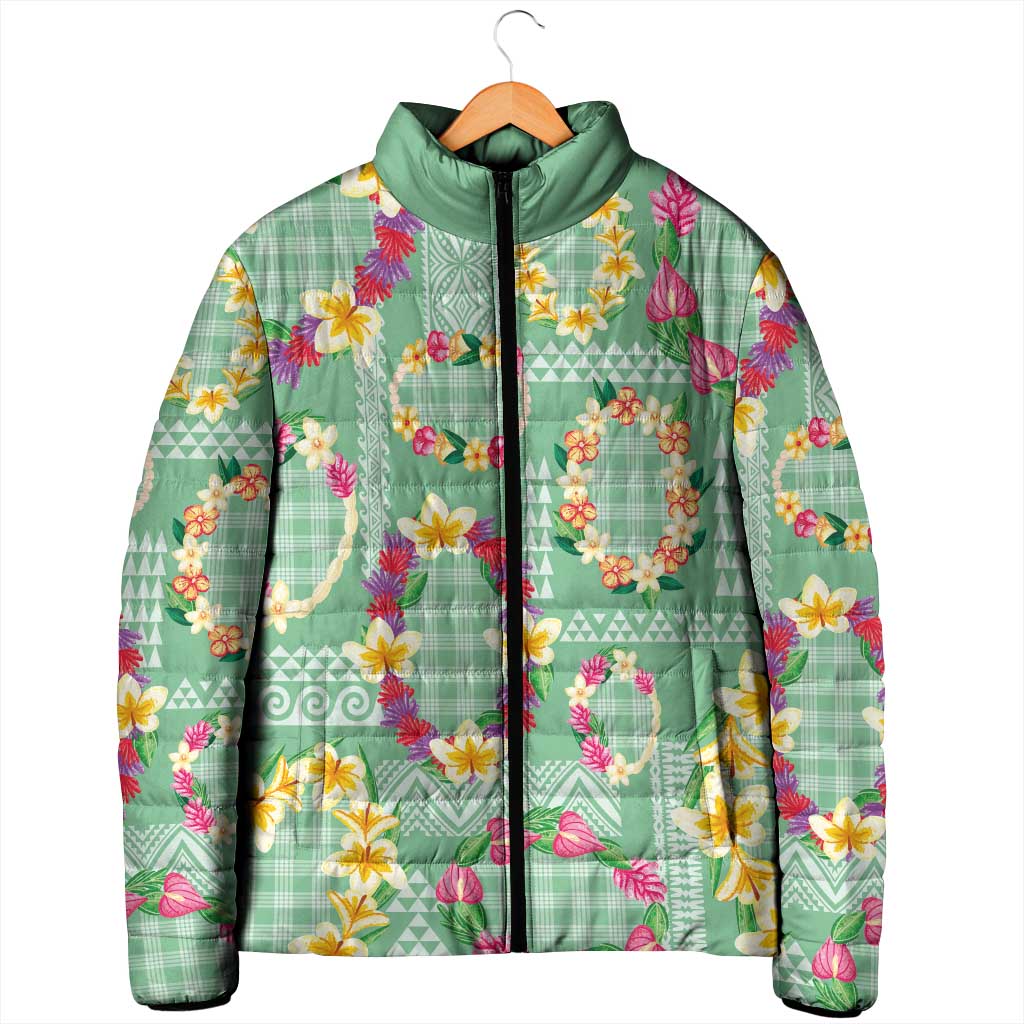 Hawaiian Leis Padded Jacket Kakau Tattoos and Palaka Pastel Green Color LT03 - Polynesian Pride