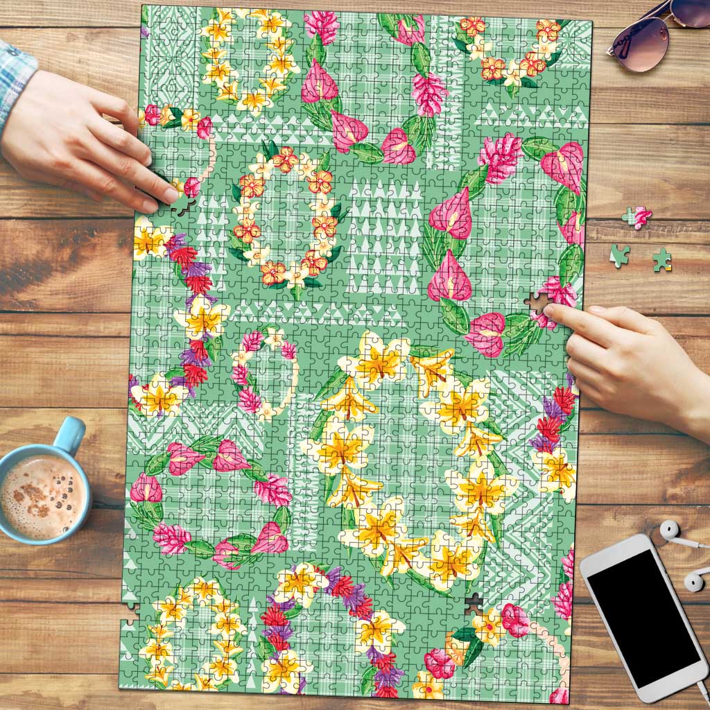 Hawaiian Leis Puzzle Kakau Tattoos and Palaka Pastel Green Color LT03 Green - Polynesian Pride