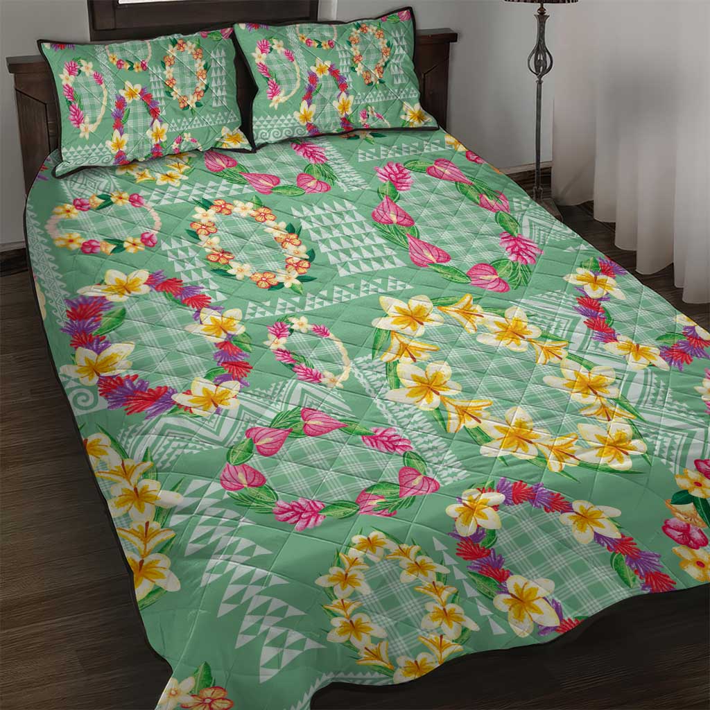Hawaiian Leis Quilt Bed Set Kakau Tattoos and Palaka Pastel Green Color LT03 Green - Polynesian Pride