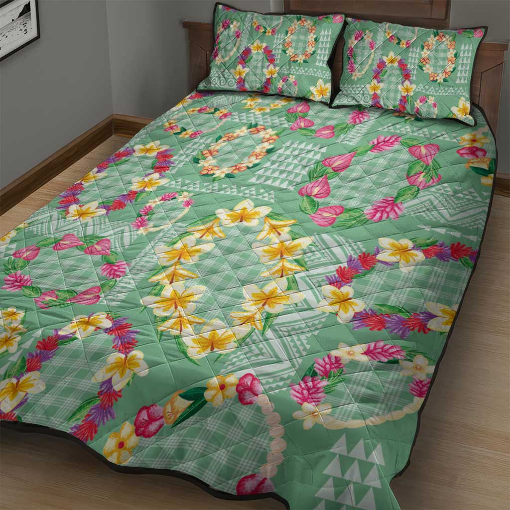 Hawaiian Leis Quilt Bed Set Kakau Tattoos and Palaka Pastel Green Color LT03 - Polynesian Pride
