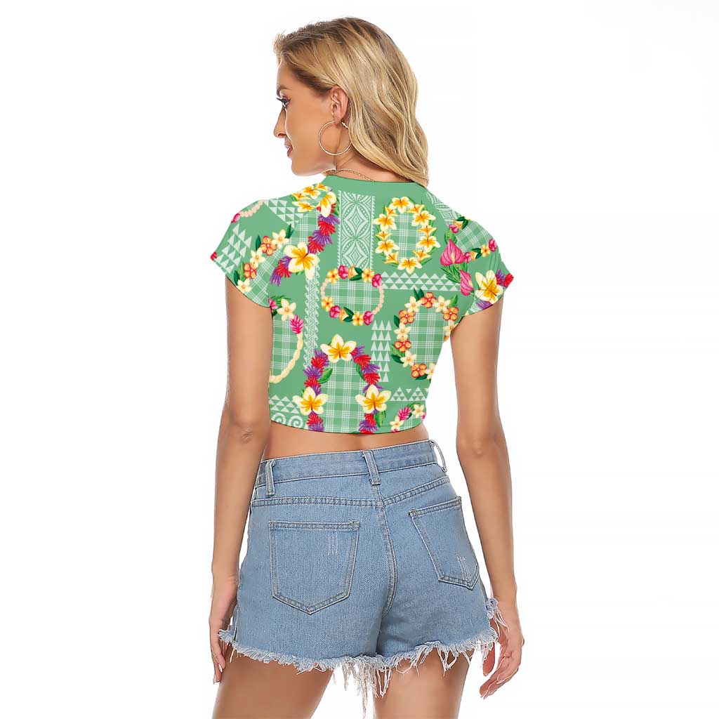 Hawaiian Leis Raglan Cropped T Shirt Kakau Tattoos and Palaka Pastel Green Color
