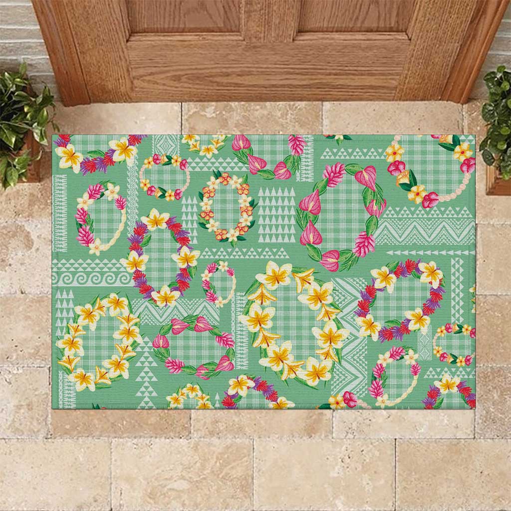Hawaiian Leis Rubber Doormat Kakau Tattoos and Palaka Pastel Green Color LT03 Green - Polynesian Pride