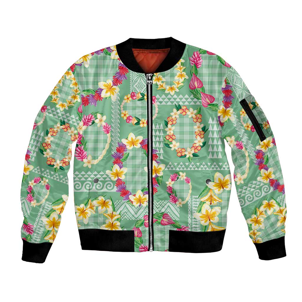 Hawaiian Leis Sleeve Zip Bomber Jacket Kakau Tattoos and Palaka Pastel Green Color LT03 Unisex Green - Polynesian Pride