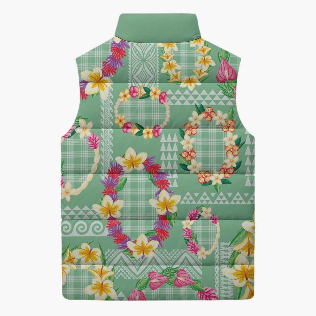 Hawaiian Leis Sleeveless Puffer Jacket Kakau Tattoos and Palaka Pastel Green Color LT03 - Polynesian Pride