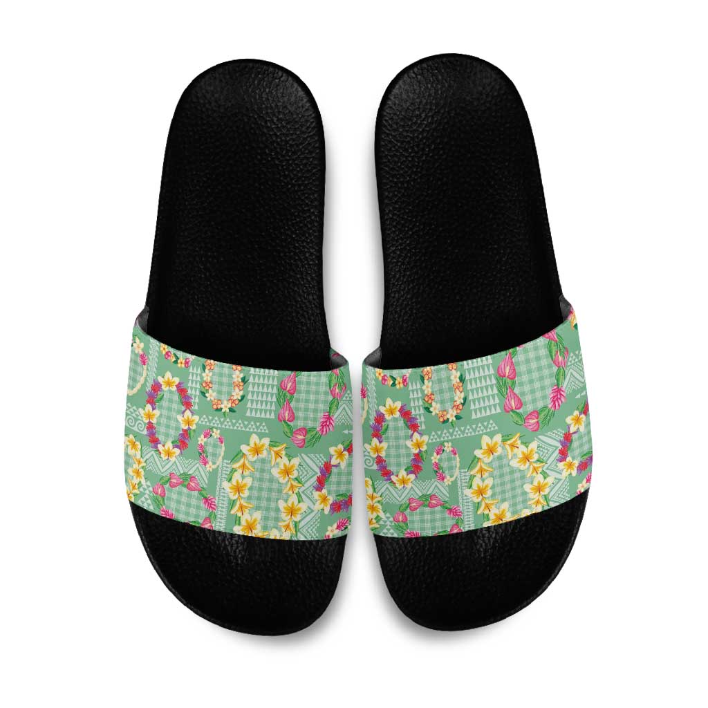 Hawaiian Leis Slide Sandals Kakau Tattoos and Palaka Pastel Green Color LT03 Green - Polynesian Pride