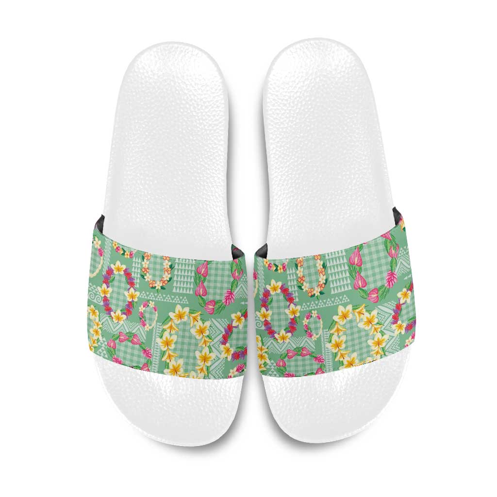 Hawaiian Leis Slide Sandals Kakau Tattoos and Palaka Pastel Green Color LT03 Green - Polynesian Pride