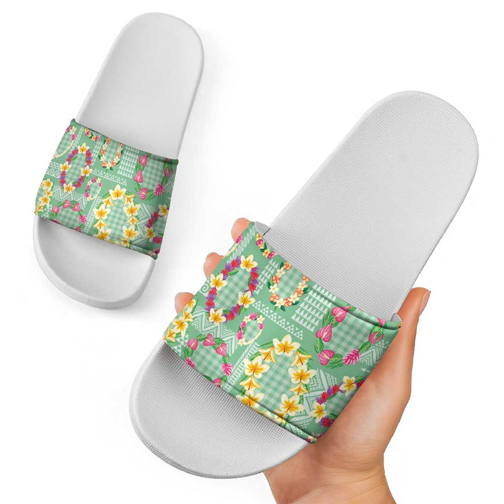 Hawaiian Leis Slide Sandals Kakau Tattoos and Palaka Pastel Green Color LT03 - Polynesian Pride