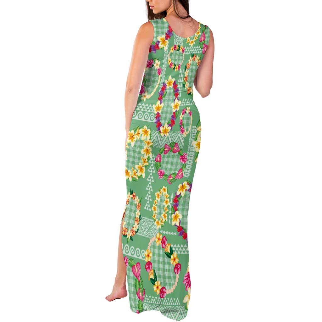 Hawaiian Leis Tank Maxi Dress Kakau Tattoos and Palaka Pastel Green Color LT03 - Polynesian Pride