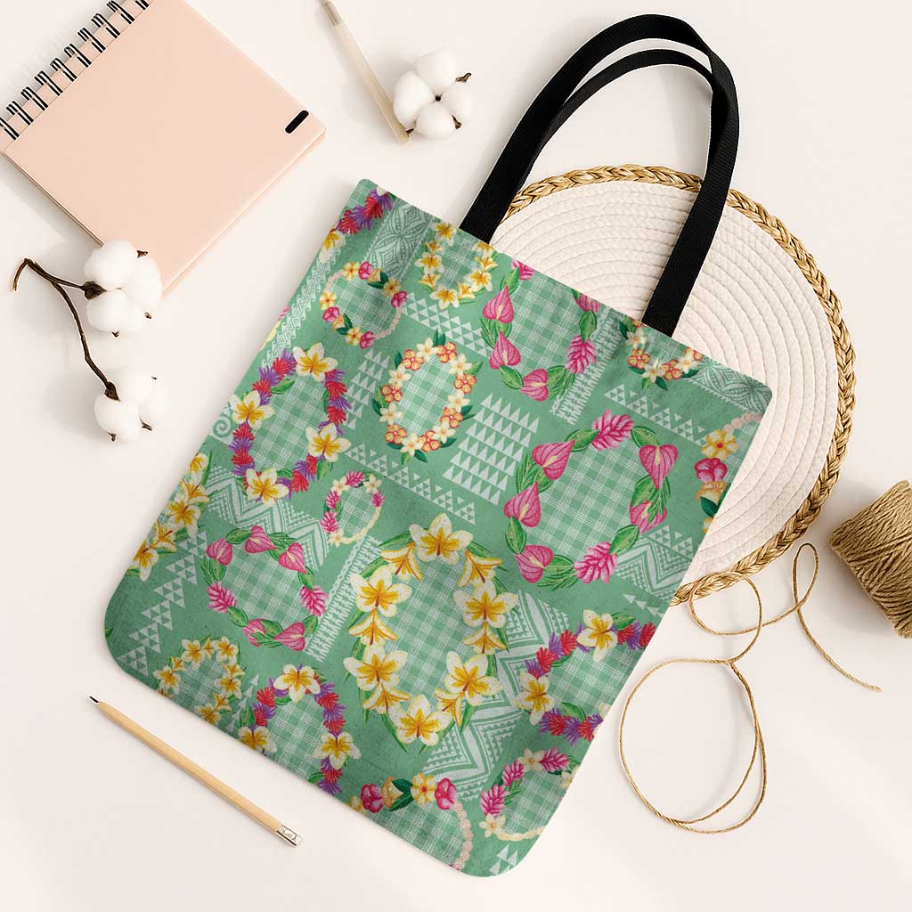 Hawaiian Leis Tote Bag Kakau Tattoos and Palaka Pastel Green Color LT03 Black Strap One Size Green - Polynesian Pride