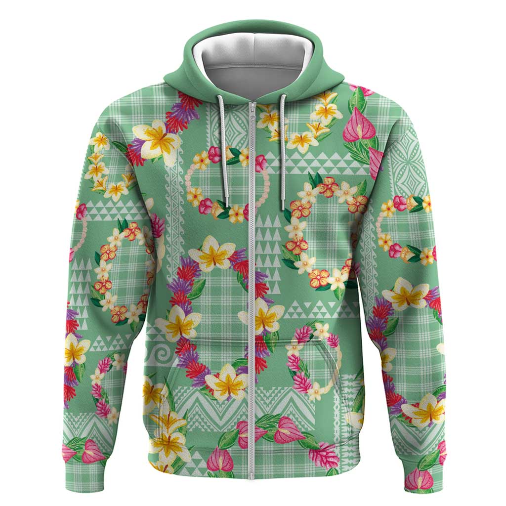 Hawaiian Leis Zip Hoodie Kakau Tattoos and Palaka Pastel Green Color LT03 Zip Hoodie Green - Polynesian Pride