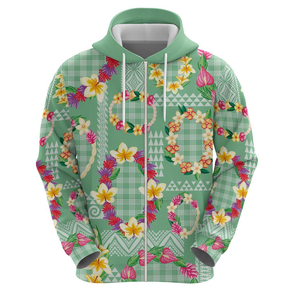 Hawaiian Leis Zip Hoodie Kakau Tattoos and Palaka Pastel Green Color LT03 - Polynesian Pride