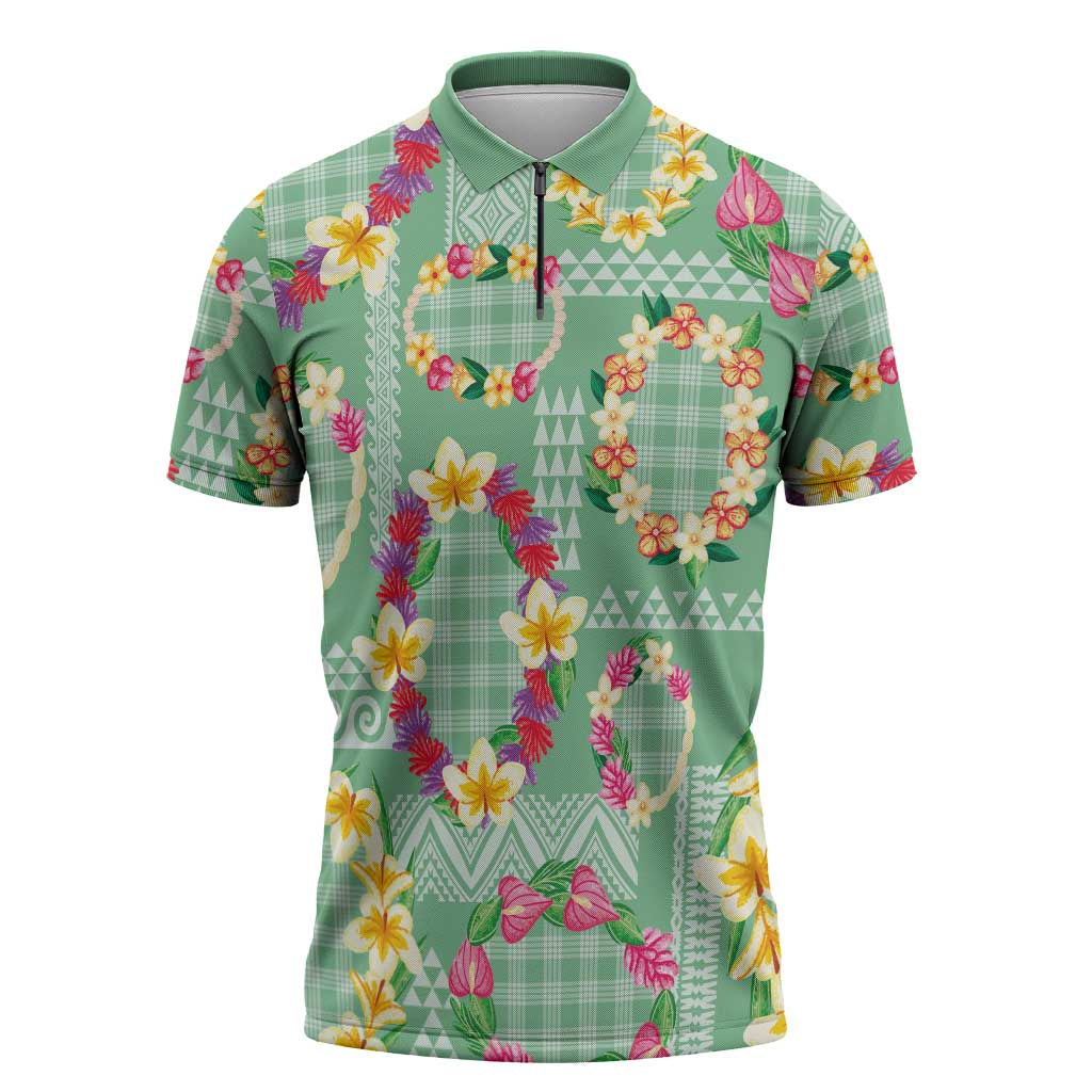 Hawaiian Leis Zipper Polo Shirt Kakau Tattoos and Palaka Pastel Green Color LT03 Green - Polynesian Pride