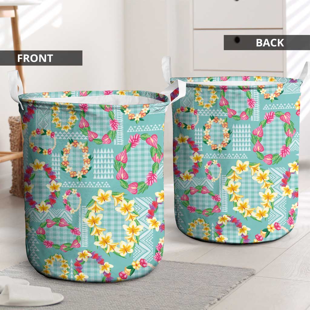 Hawaiian Leis Laundry Basket Kakau Tattoos and Palaka Pastel Teal Color LT03 - Polynesian Pride