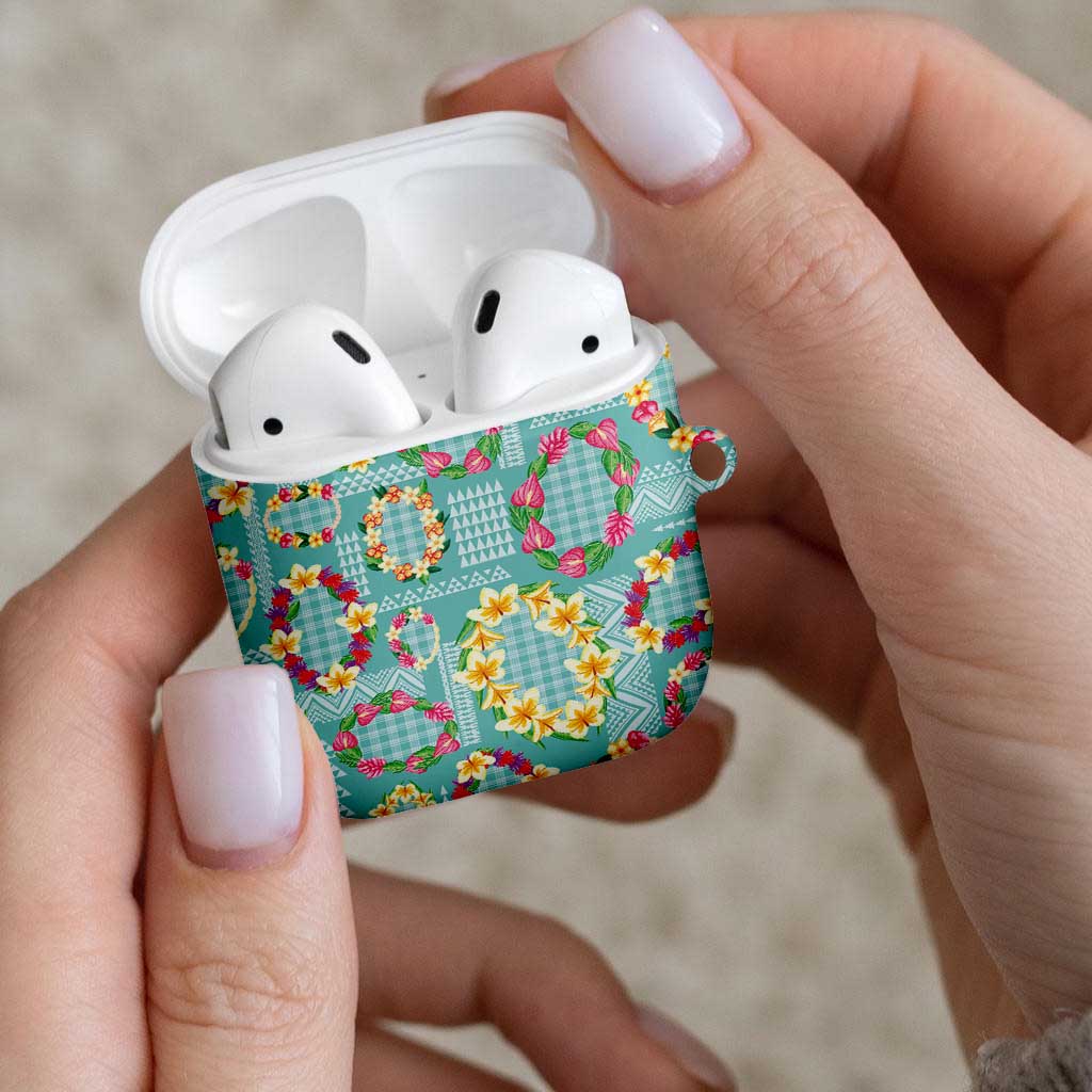 Hawaiian Leis AirPods Case Kakau Tattoos and Palaka Pastel Teal Color LT03 - Polynesian Pride