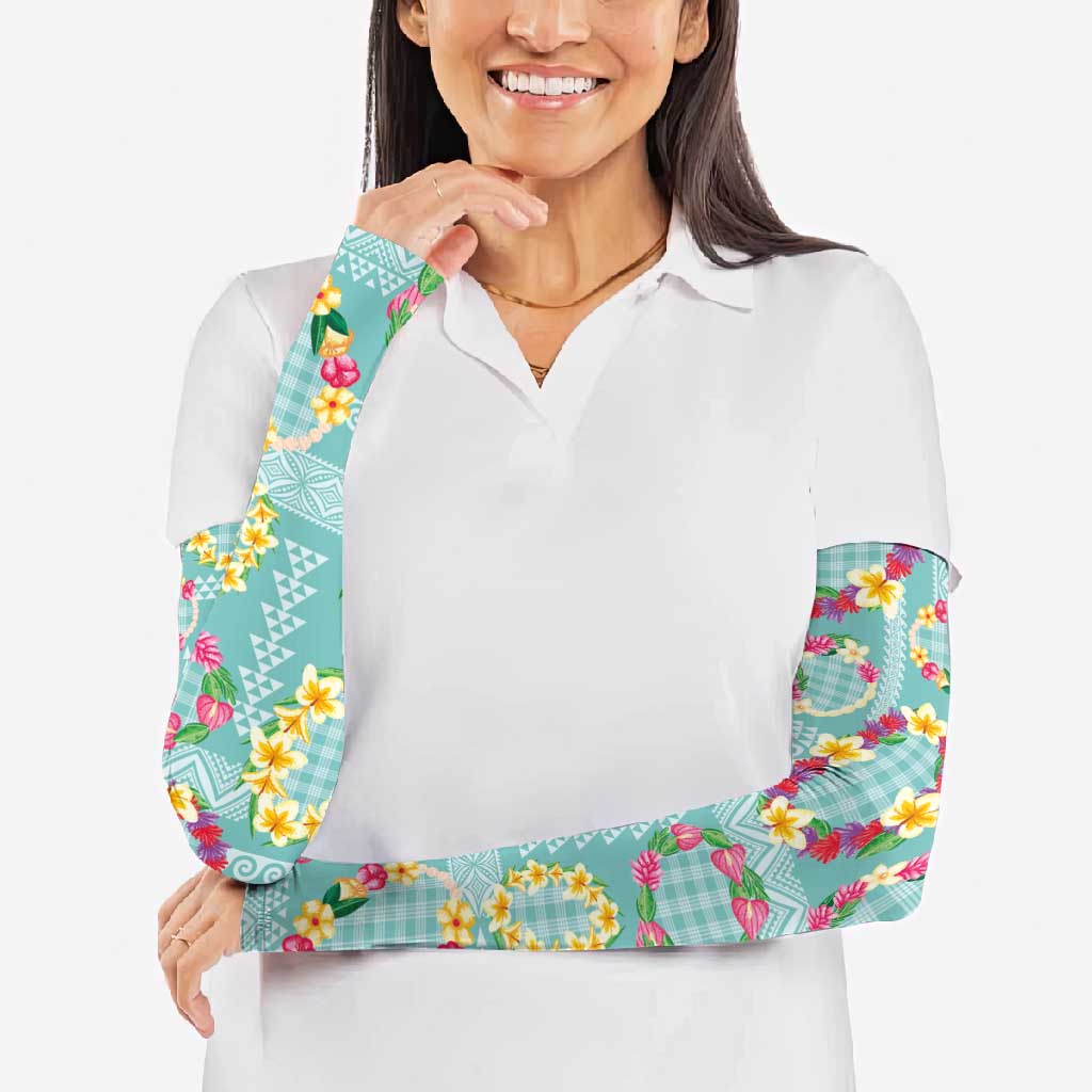 Hawaiian Leis Arm Sleeves Kakau Tattoos and Palaka Pastel Teal Color LT03 - Polynesian Pride