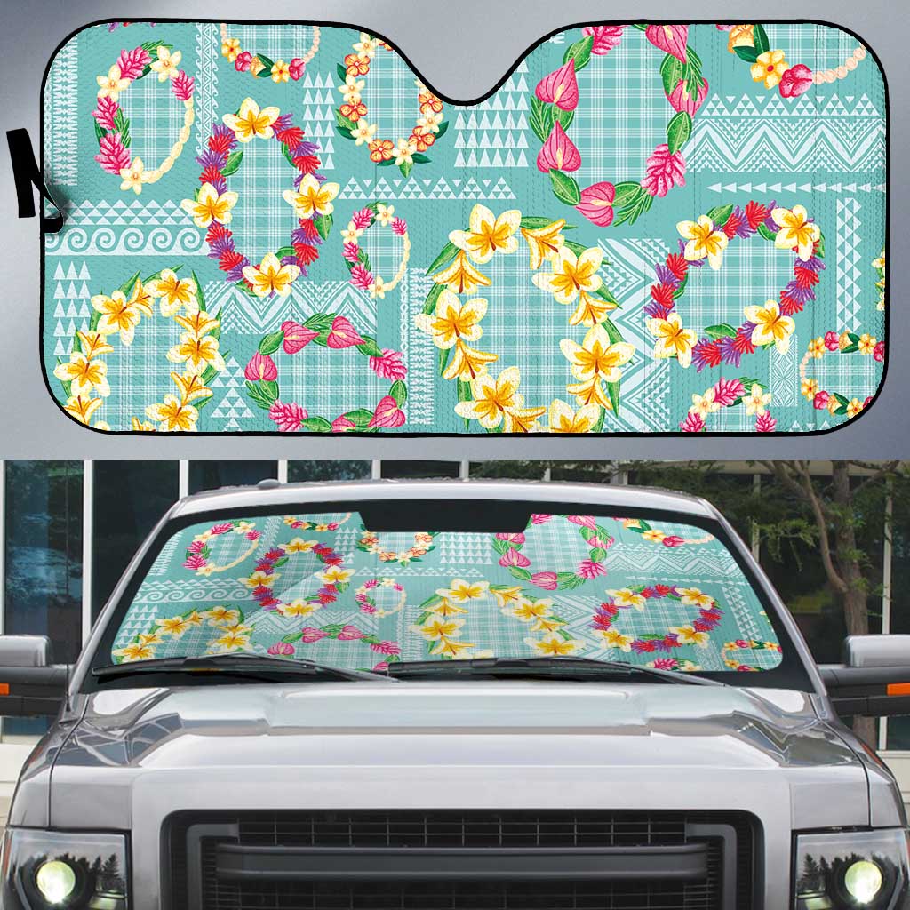 Hawaiian Leis Auto Sun Shade Kakau Tattoos and Palaka Pastel Teal Color LT03 Teal - Polynesian Pride