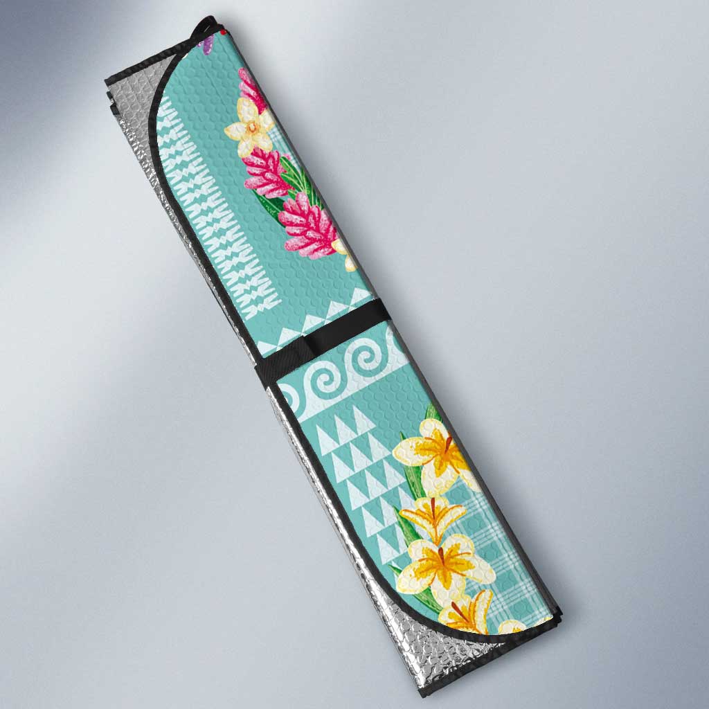 Hawaiian Leis Auto Sun Shade Kakau Tattoos and Palaka Pastel Teal Color LT03 - Polynesian Pride