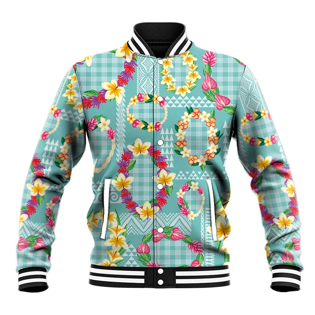 Hawaiian Leis Baseball Jacket Kakau Tattoos and Palaka Pastel Teal Color LT03 Unisex Teal - Polynesian Pride